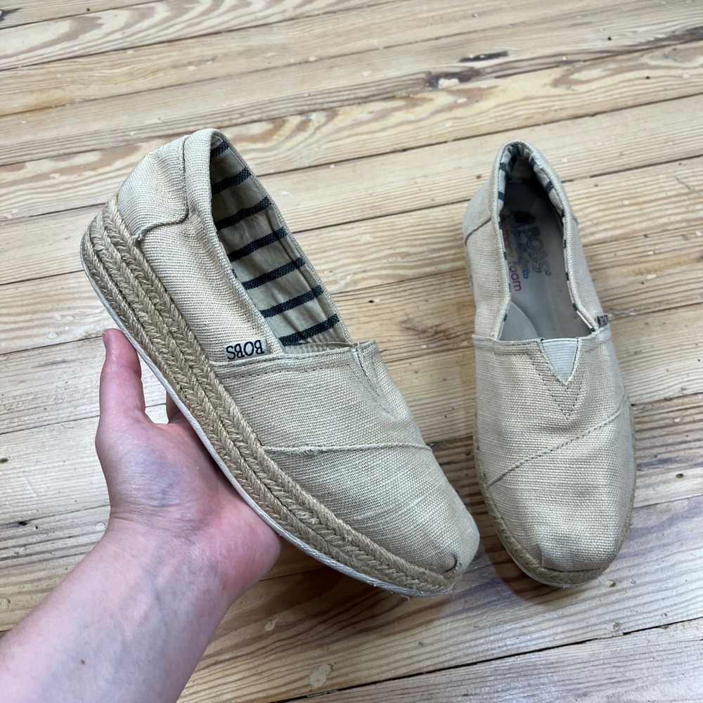 Skechers BOBS Highlights 2.0 Natural Canvas Espadrille Platform Shoes 8 boho tan